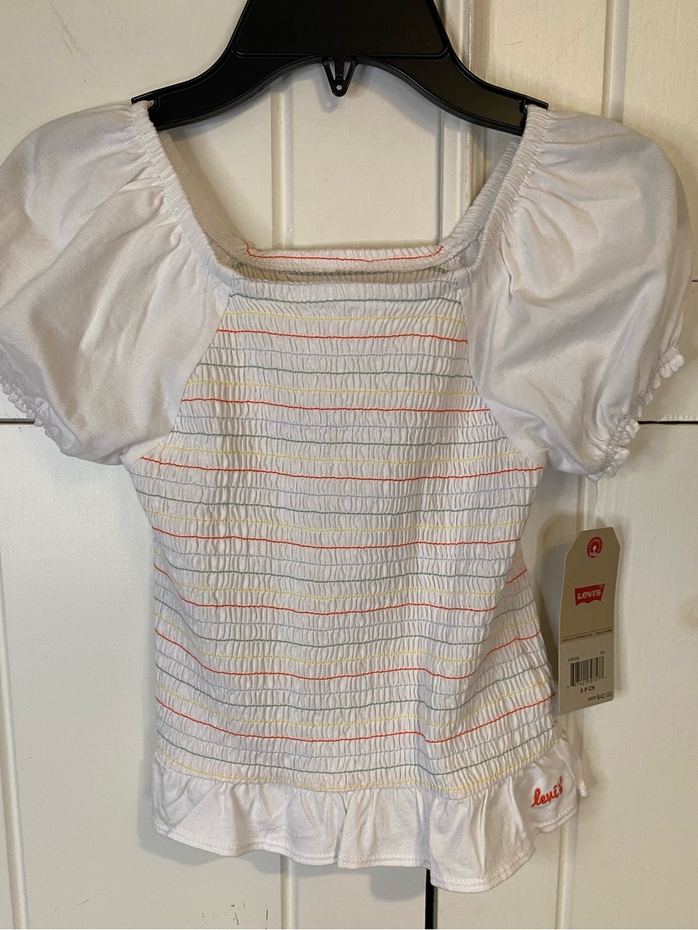 Levi’s Girls Peasant Top with Raglan Puff Sleeves and Multi- Color Smocking. S